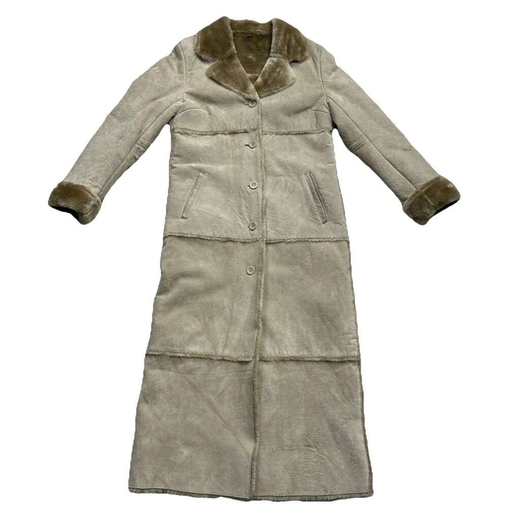 Vtg Brandon Thomas Leather Long Coat Small Beige Brown Faux Fur Lining Shearling
